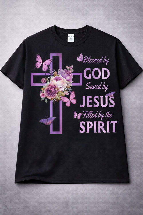 Blessed By God Saved By Jesus from 2 Sisters Tanks, Teez